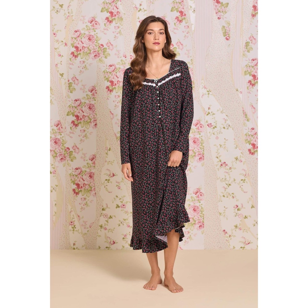 Eileen West Nightgown Womens M Black Pink Floral Cotton Long Sleeve NWT Tradwife